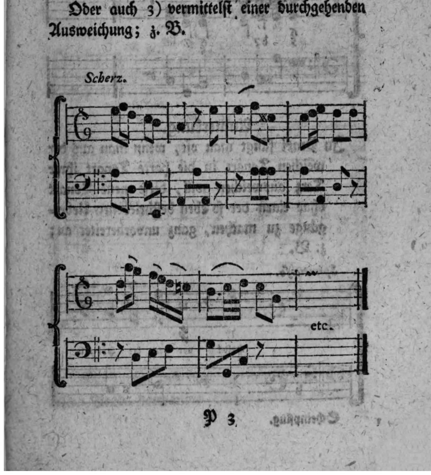 Notenbeyspiel: zweistimmiges Beispiel (Violin- und Baßschlüssel), im Charakter eines Scherzes, sowie ein weiteres unbezeichnetes Beispiel einer Ausweichung in die harte Tonart der Terz vermittelst einer durchgehenden Ausweichung