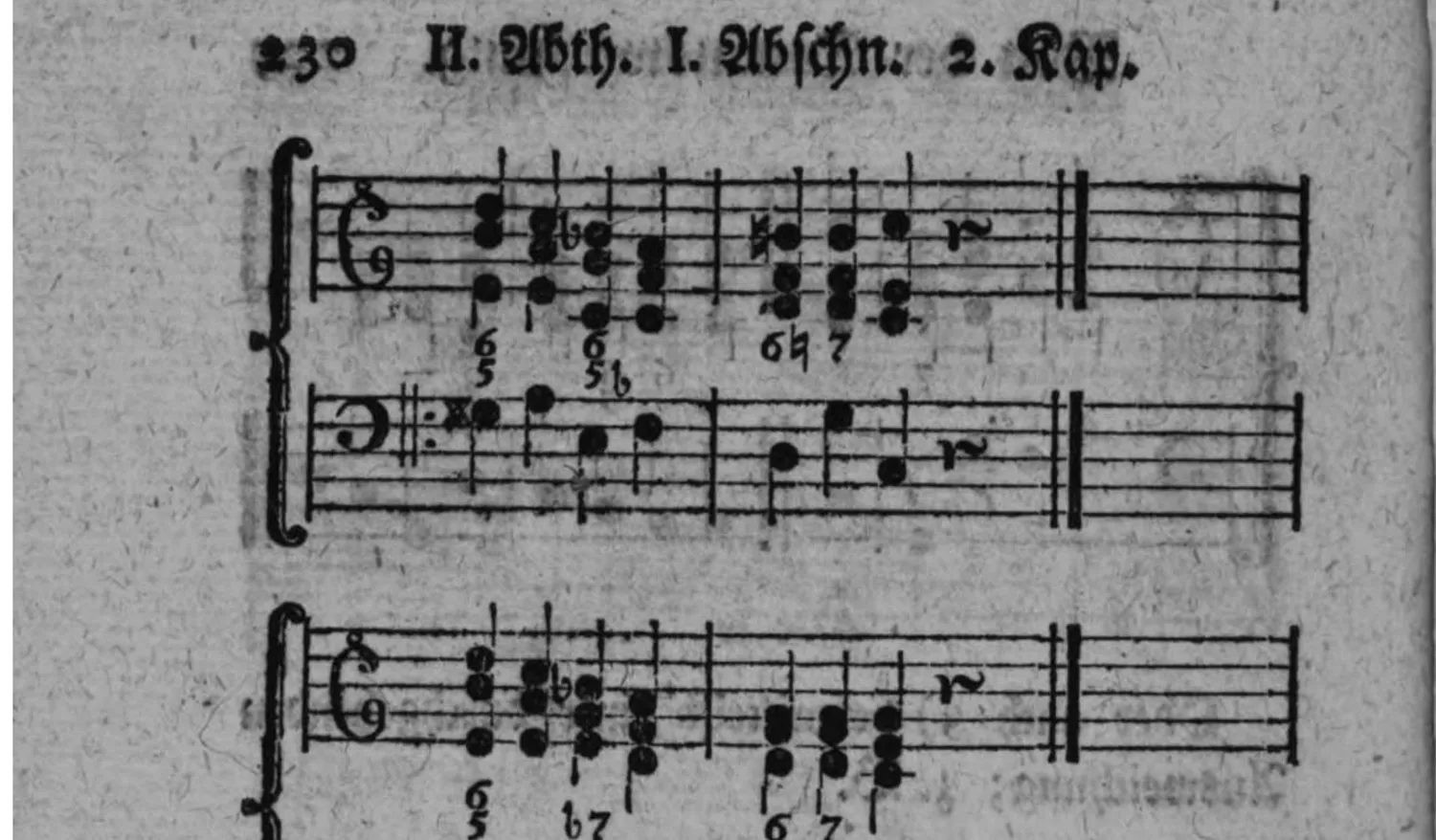 Notenbeyspiel: zwey weitere zweistimmige Beispiele (Violin- und Baßschlüssel, mit Generalbaßbezifferung) einer Ausweichung in die harte Tonart der Terz vermittelst einer durchgehenden Ausweichung