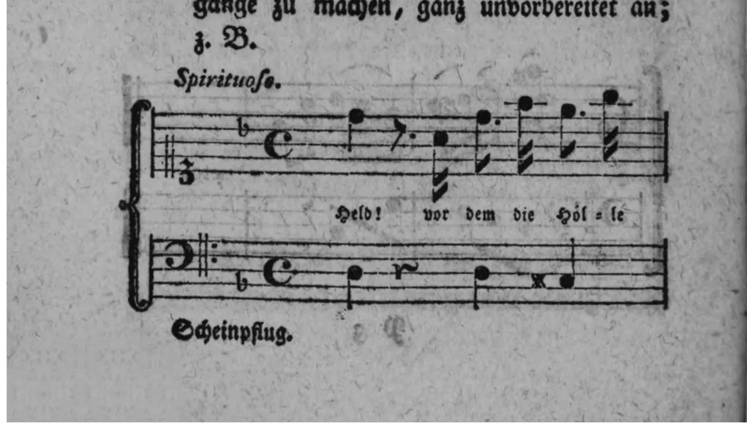 Notenbeyspiel: zweistimmiges, textiertes Beispiel (Sopran- und Baßschlüssel, drey Kreuze vorgezeichnet) mit der Textunterlegung »Held! vor dem die Höl = le«, eines ganz unvorbereiteten Beginns der harten Tonart der Terz