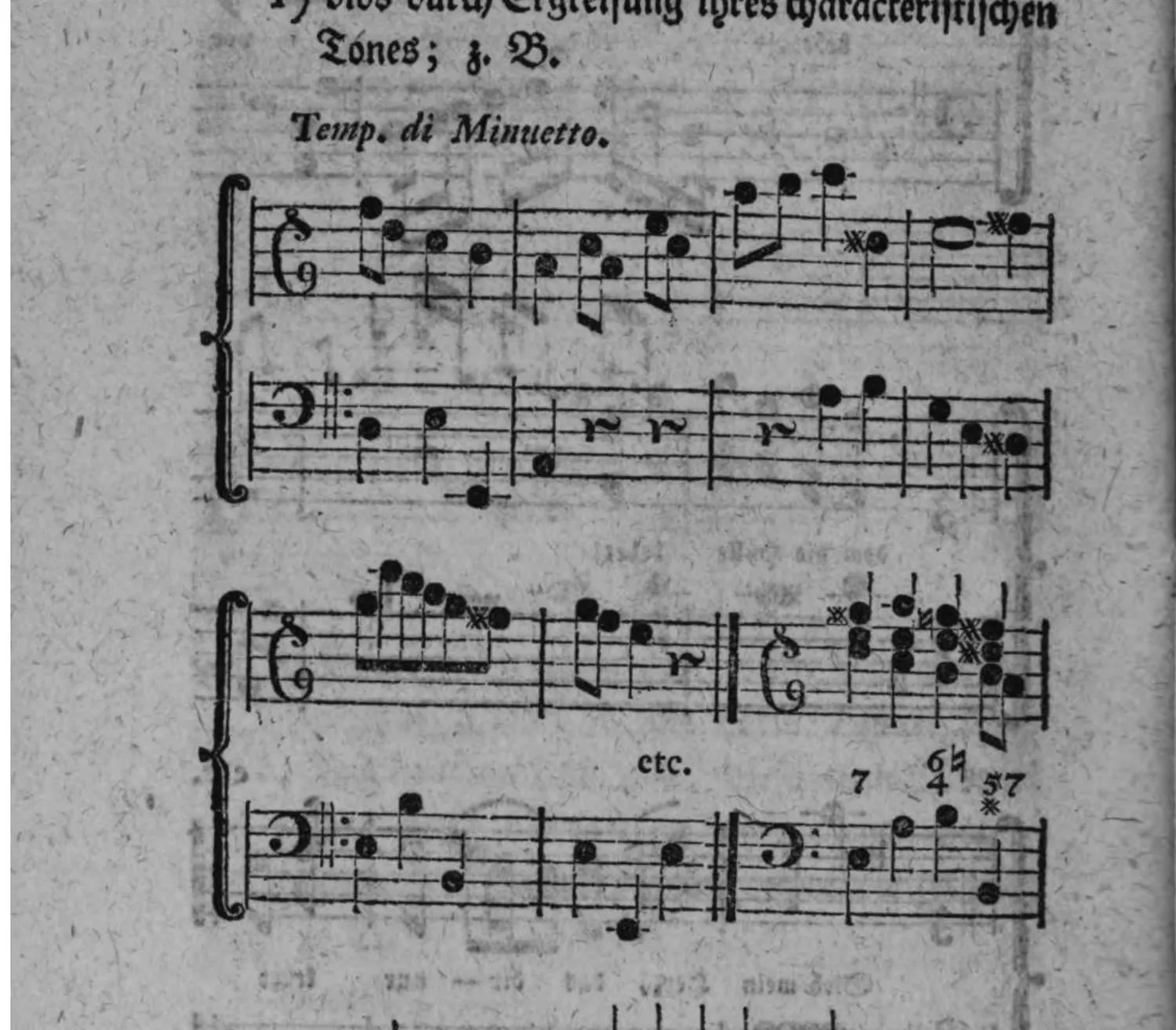 Notenbeyspiel: Temp. di Minuetto, zweistimmiges Beispiel (Violin- und Baßschlüssel) sowie zwey weitere Fortsetzungen (mit Generalbaßbezifferung) einer Ausweichung in die weiche Tonart der Quinte durch bloße Ergreiffung ihres characteristischen Tones
