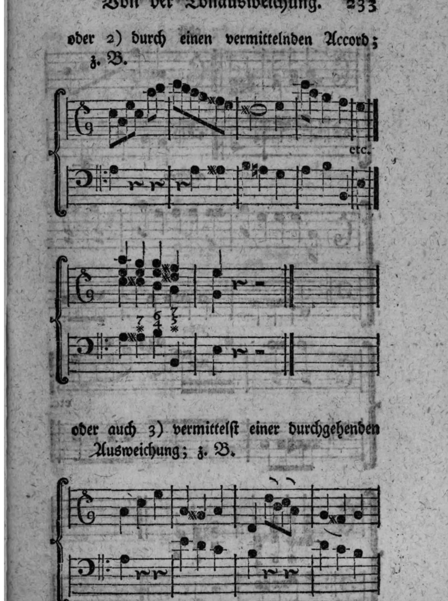 Notenbeyspiel: zwey zweistimmige Beispiele (Violin- und Baßschlüssel, mit Generalbaßbezifferung) einer Ausweichung in die weiche Tonart der Quinte, erst durch einen vermittelnden Accord, dann vermittelst einer durchgehenden Ausweichung