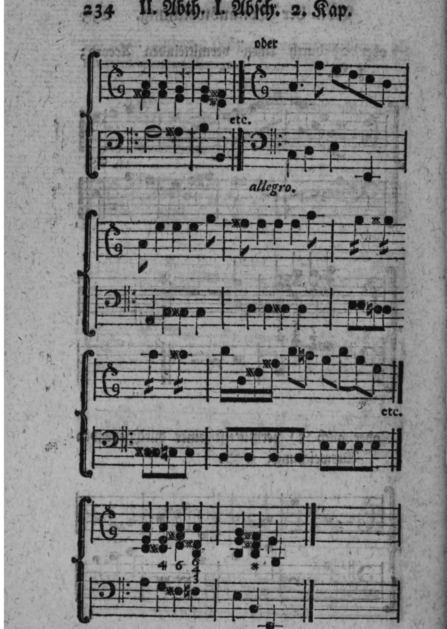 Notenbeyspiel: vier weitere zweistimmige Beispiele (Violin- und Baßschlüssel, mit Generalbaßbezifferung), darunter Allegro, als Fortsetzung der Beispiele einer Ausweichung in die weiche Tonart der Quinte durch einen vermittelnden Accord bzw. vermittelst einer durchgehenden Ausweichung