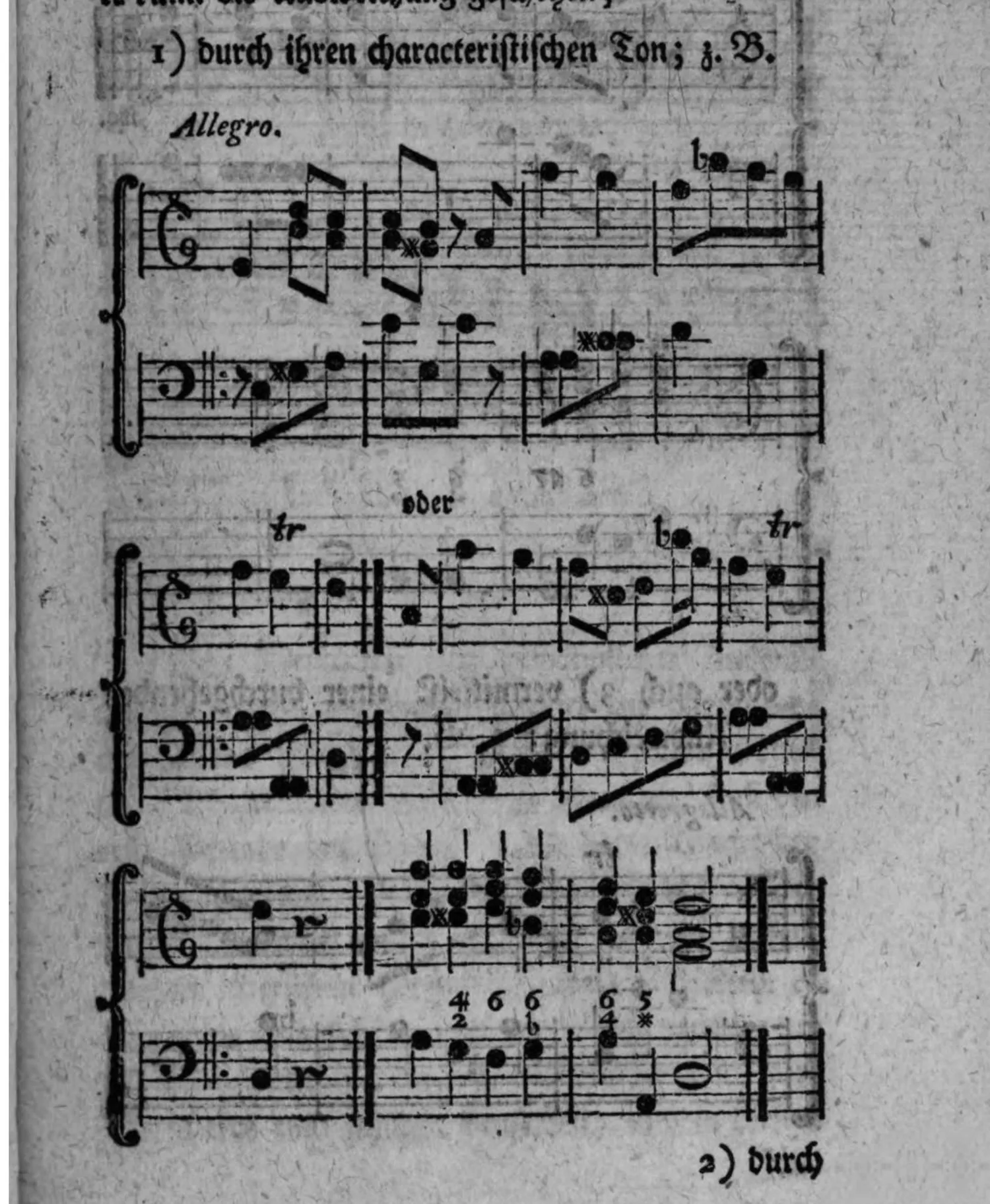 Notenbeyspiel: Allegro, zweistimmiges Beispiel (Violin- und Baßschlüssel) sowie eine weitere Fassung (»oder«) und ein drittes Beispiel (mit Generalbaßbezifferung) einer Ausweichung in die weiche Tonart der Quarte durch ihren characteristischen Ton