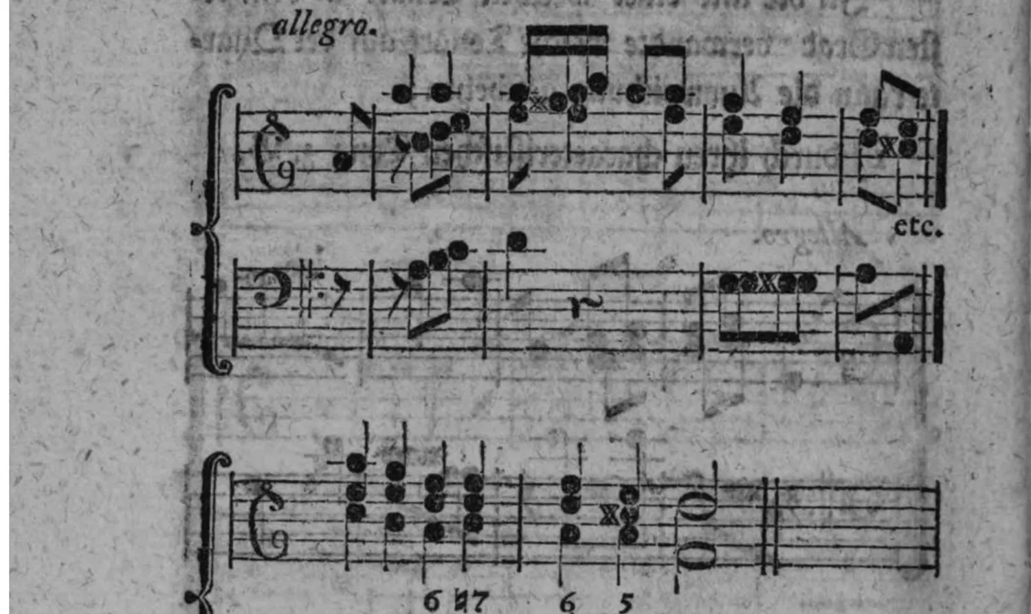 Notenbeyspiel: Allegro, zweistimmiges Beispiel (Violin- und Baßschlüssel) sowie ein weiteres Beispiel (mit Generalbaßbezifferung) einer Ausweichung in die weiche Tonart der Quarte durch einen vermittelnden Accord