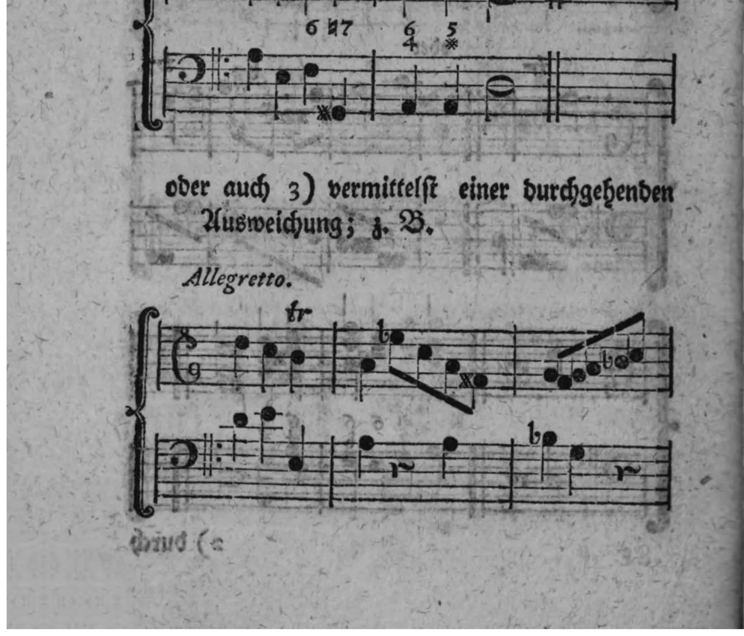 Notenbeyspiel: Allegretto, zweistimmiges Beispiel (Violin- und Baßschlüssel) einer Ausweichung in die weiche Tonart der Quarte vermittelst einer durchgehenden Ausweichung