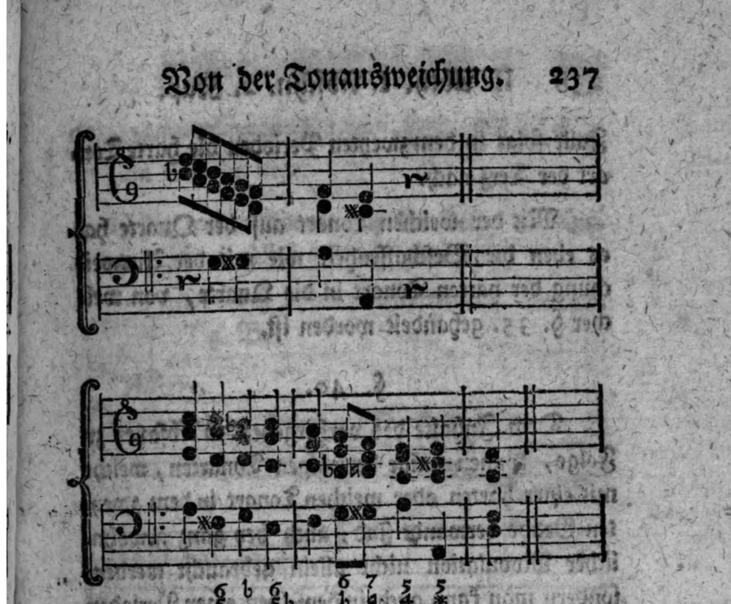 Notenbeyspiel: Fortsetzung des Allegretto-Beispiels sowie ein weiteres Beispiel (mit Generalbaßbezifferung) einer Ausweichung in die weiche Tonart der Quarte vermittelst einer durchgehenden Ausweichung