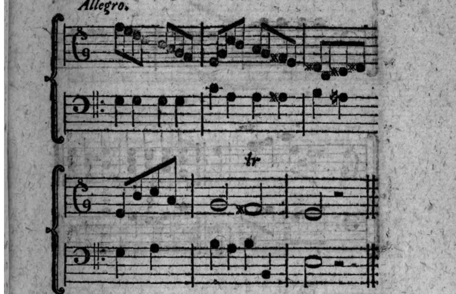 Notenbeyspiel: Allegro, zweistimmiges Beispiel (Violin- und Baßschlüssel) einer Ausweichung in die weiche Tonart der Terz durch einen vermittelnden Accord