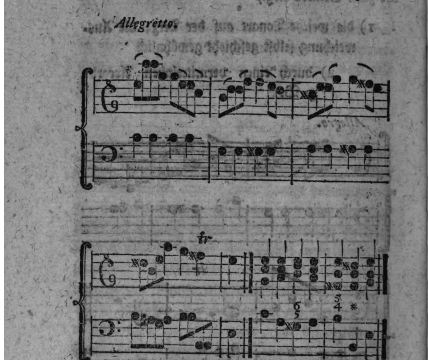 Notenbeyspiel: Allegretto, zweistimmiges Beispiel (Violin- und Baßschlüssel, mit Generalbaßbezifferung) einer Ausweichung in die weiche Tonart der Terz vermittelst einer durchgehenden Ausweichung
