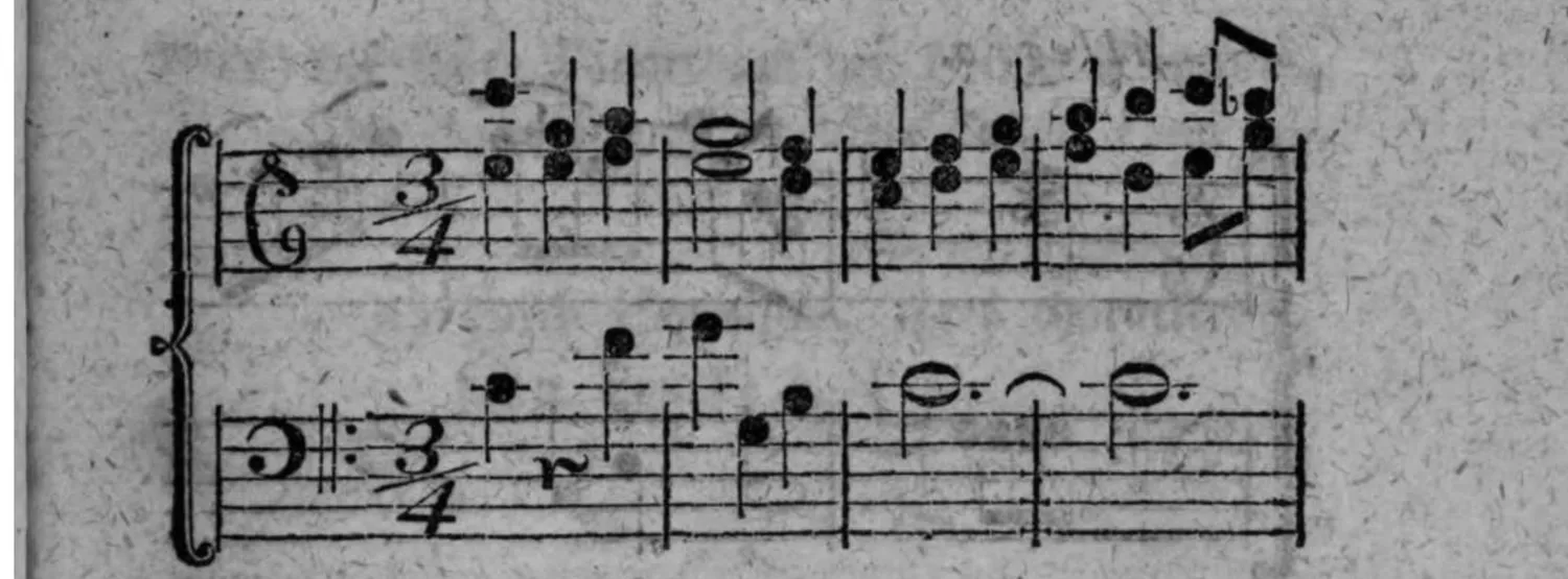 Notenbeyspiel: erstes System (3/4-Takt, Violin- und Baßschlüssel) des Beispiels einer Ausweichung in die weiche Tonart der Secunde durch ihren characteristischen Ton