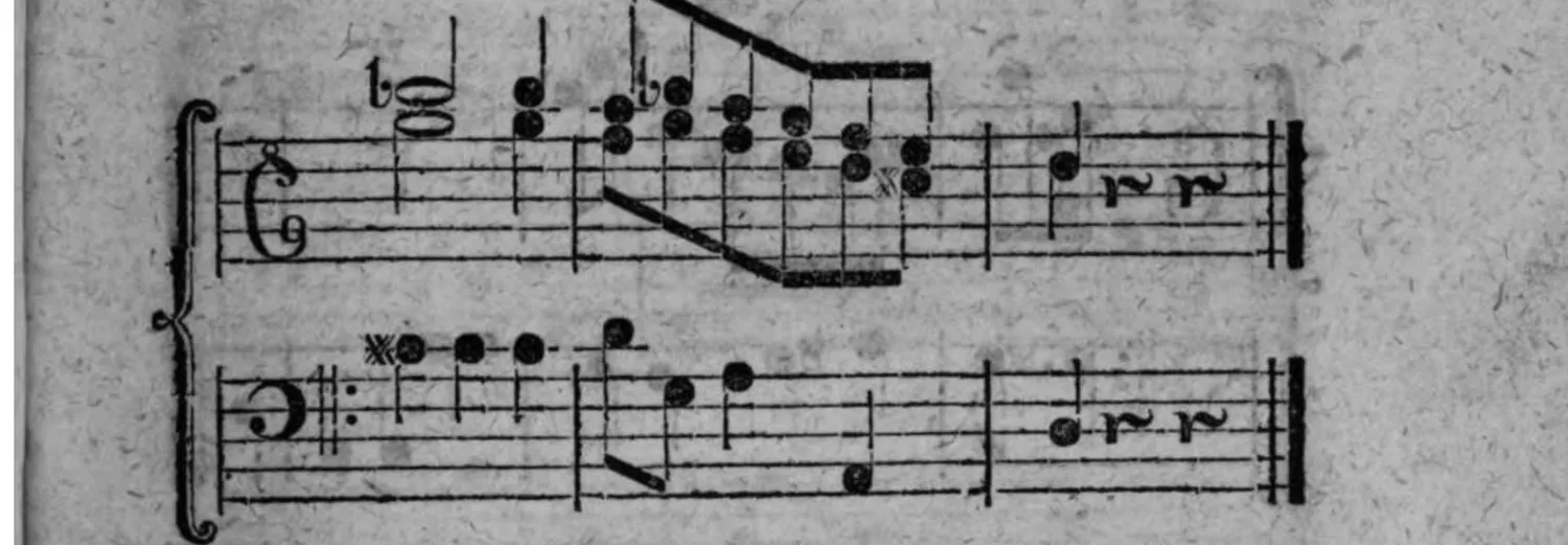 Notenbeyspiel: Fortsetzung desselben Beispiels (Violin- und Baßschlüssel)
