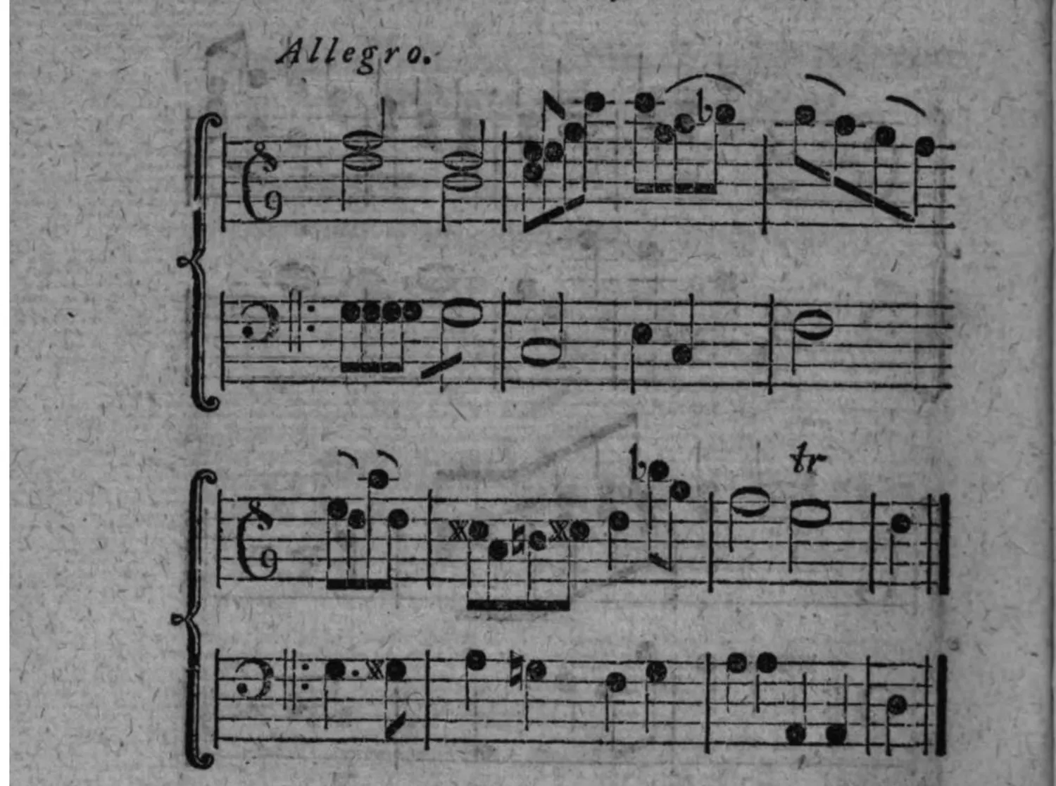Notenbeyspiel: zweistimmiges Beispiel (Violin- und Baßschlüssel) einer Ausweichung in die weiche Tonart der Secunde vermittelst einer durchgehenden Ausweichung