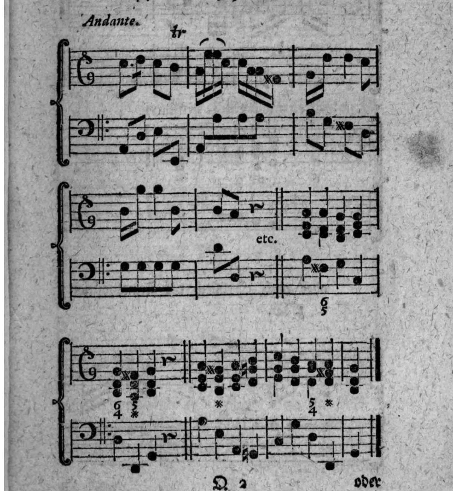 Notenbeyspiel: zweistimmiges Beispiel (Violin- und Baßschlüssel, mit Generalbaßbezifferung) einer Ausweichung in die harte Tonart der kleinen Septime durch Ergreifung ihres characteristischen Tones