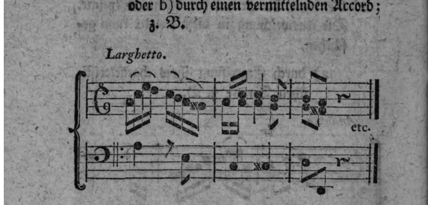 Notenbeyspiel: zweistimmiges Beispiel (Violin- und Baßschlüssel) einer Ausweichung in die harte Tonart der kleinen Septime durch einen vermittelnden Accord