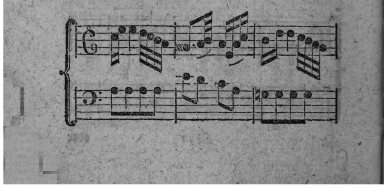 Notenbeyspiel: Beginn des Beispiels (Violin- und Baßschlüssel) einer Ausweichung in die harte Tonart der kleinen Septime durch die Transposition