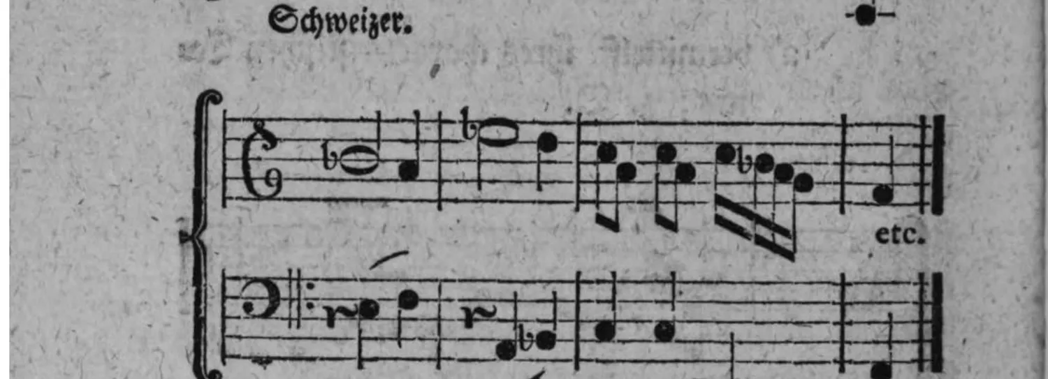 Notenbeyspiel: weiteres, mit »Schweizer« bezeichnetes zweistimmiges Beispiel (Violin- und Baßschlüssel) derselben Ausweichung vermittelst einer durchgehenden Ausweichung, im Charakter eines Schweizerliedes