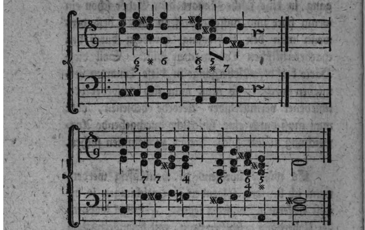 Notenbeyspiel: zwey zweistimmige Beispielsysteme (Violin- und Baßschlüssel, mit Generalbaßbezifferung) der ersten der angekündigten Ausweichungen, von c dur in die Durtonart d