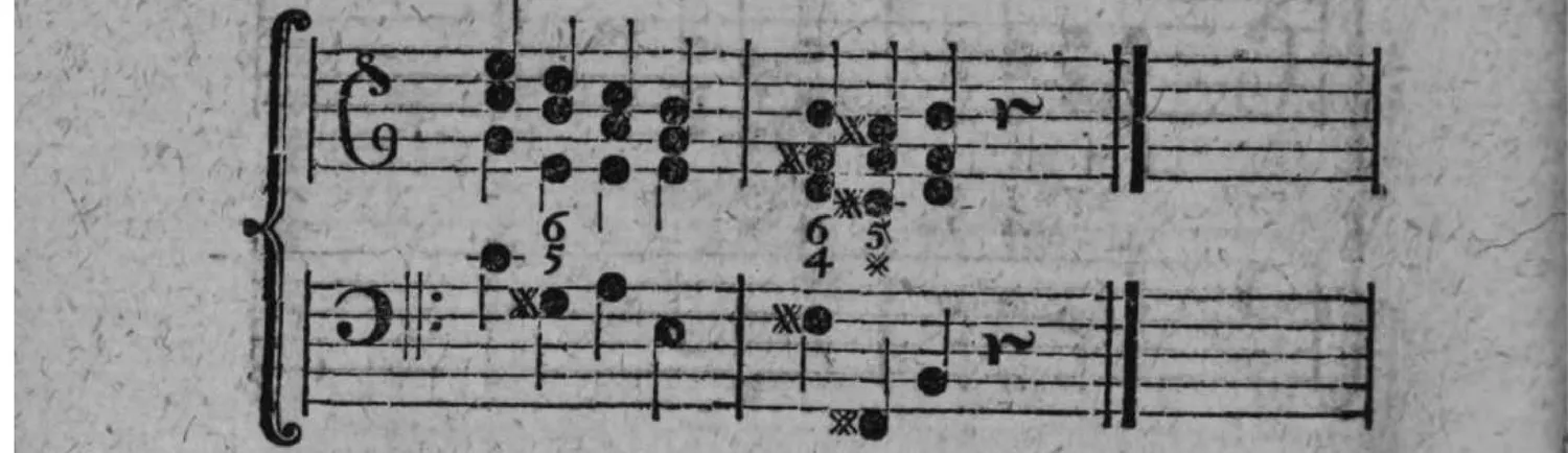 Notenbeyspiel: zweistimmiges Beispiel (mit Generalbaßbezifferung) der Ausweichung (in ungerader Linie) in die weiche Tonart auf der siebenten Stufe