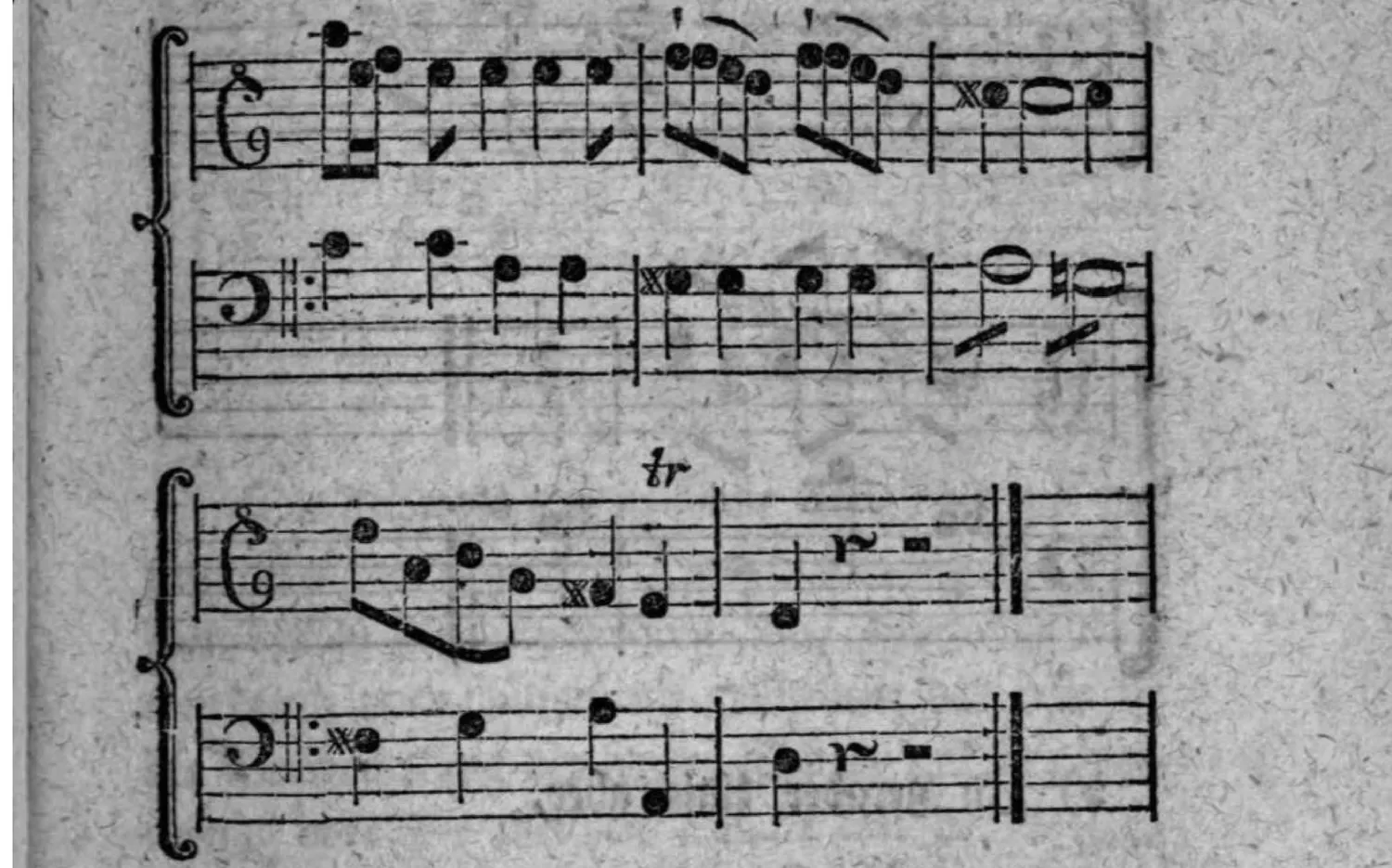 Notenbeyspiel: mit »Allegro« bezeichnetes zweistimmiges Beispiel (zwey Systeme) der Ausweichung (in ungerader Linie) in die harte Tonart auf der vierten Stufe