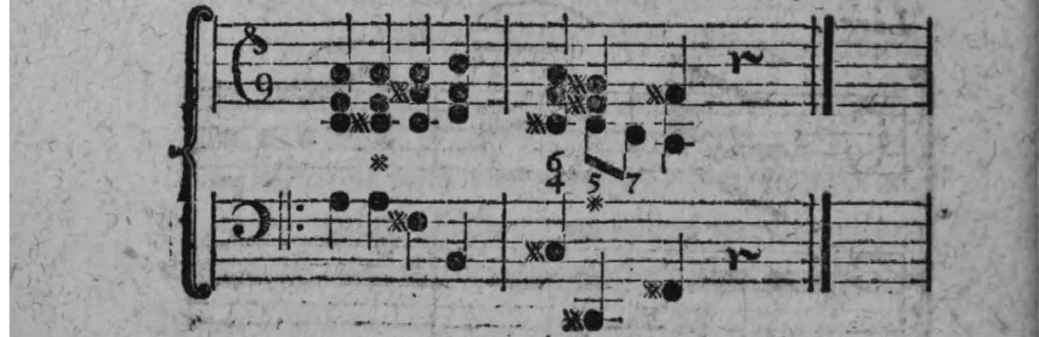 Notenbeyspiel: zweistimmiges Beispiel (zwey Systeme, mit Generalbaßbezifferung) der Ausweichung (in gerader Linie) in die weiche Tonart der großen sechsten Stufe
