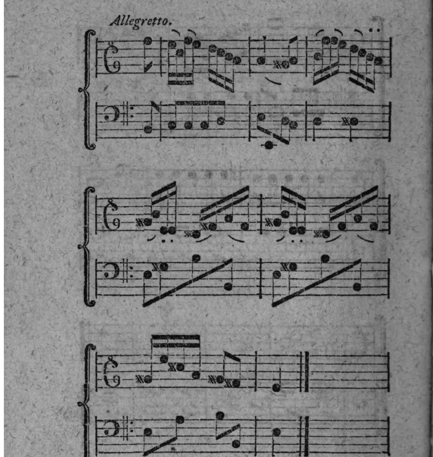 Notenbeyspiel: mit »Allegretto« bezeichnetes, drey zweistimmige Systeme umfassendes Beispiel der Ausweichung von c dur nach e dur (zweyte Verwechslungsart)