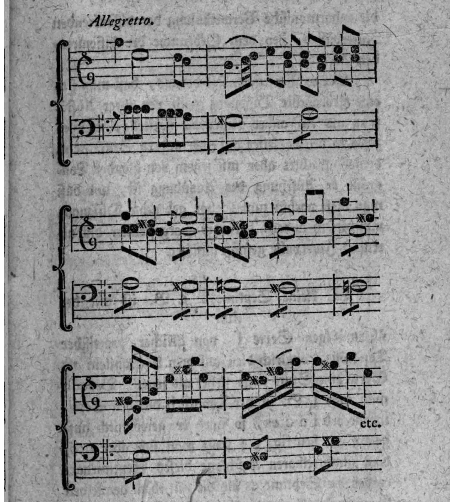 Notenbeyspiel: mit »Allegretto« bezeichnetes, drey zweistimmige Systeme umfassendes Beispiel der Ausweichung von a moll nach e dur, endend mit »etc.«
