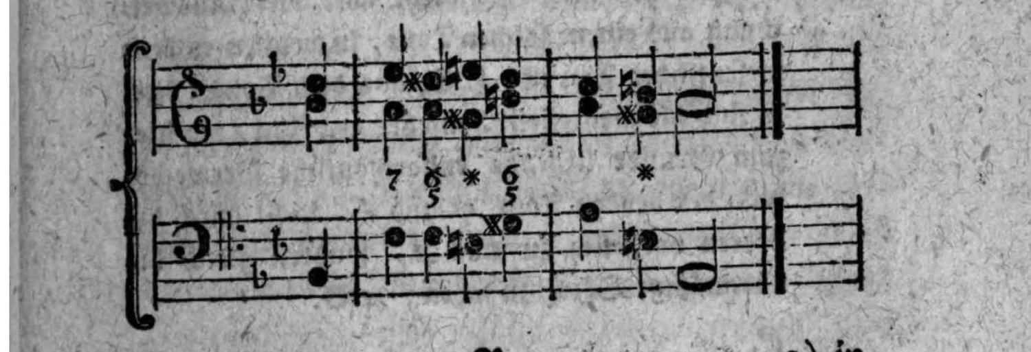 Notenbeyspiel: zweistimmiges Beispiel (mit Generalbaßbezifferung) der enharmonischen Ausweichung von b dur nach a moll
