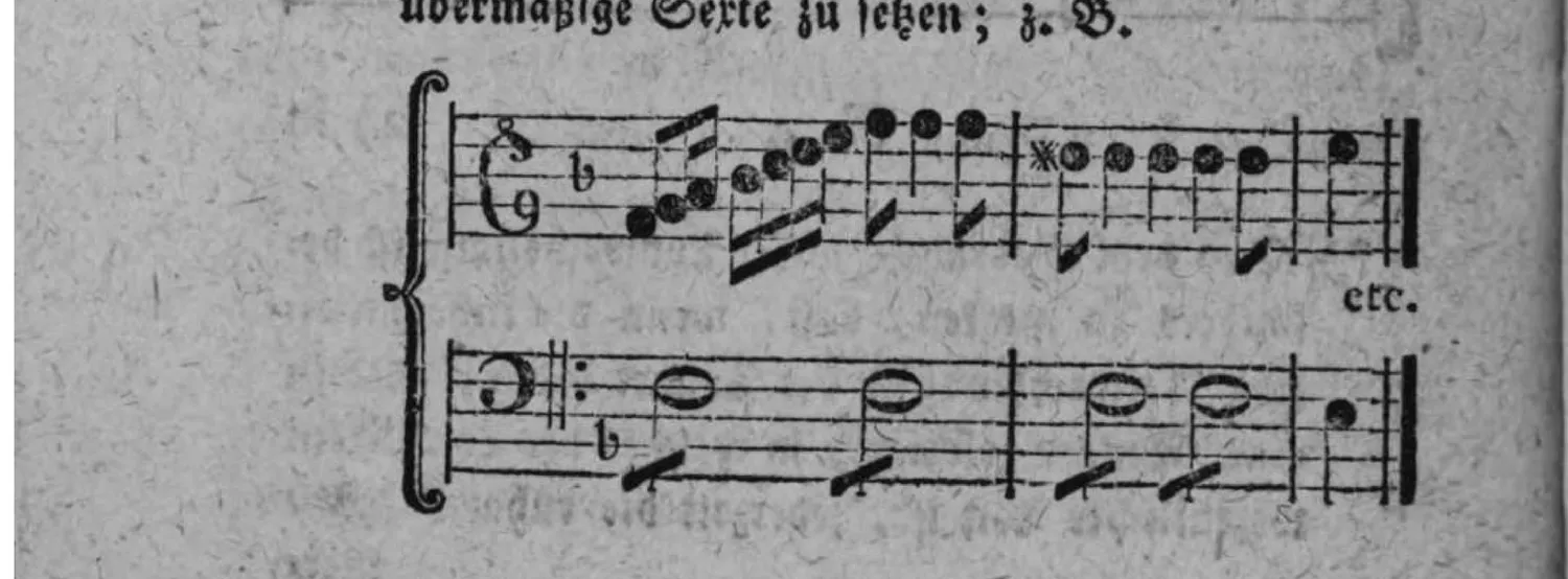 Notenbeyspiel: zweistimmiges Beispiel der Ausweichung von f dur aus, unmittelbar mit der übermäßigen Sexte statt mit der kleinen Septime notiert, endend mit »etc.«