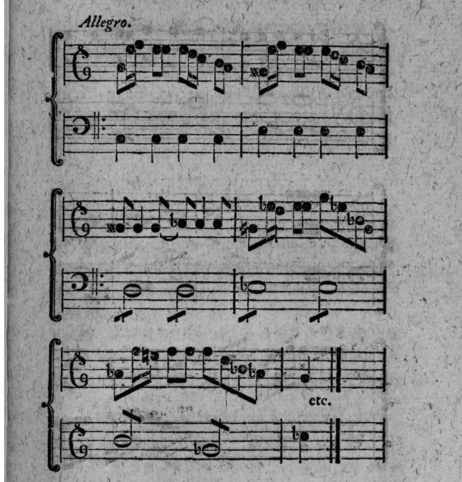 Notenbeyspiel: mit »Allegro« bezeichnetes, drey zweistimmige Systeme umfassendes practisches Beispiel eines enharmonischen Übergangs, endend mit »etc.«