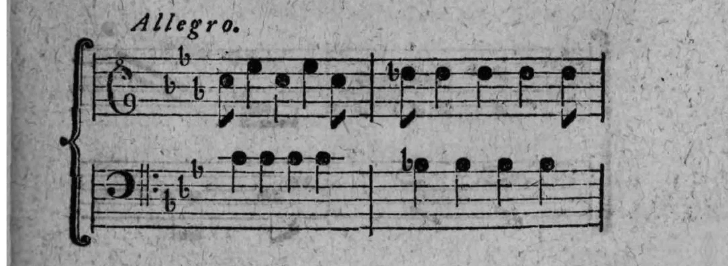 Notenbeyspiel: mit »Allegro« bezeichnetes zweistimmiges practisches Beispiel eines weiteren enharmonischen Übergangs (Anfang; Fortsetzung folgt auf der nächsten Druckseite)