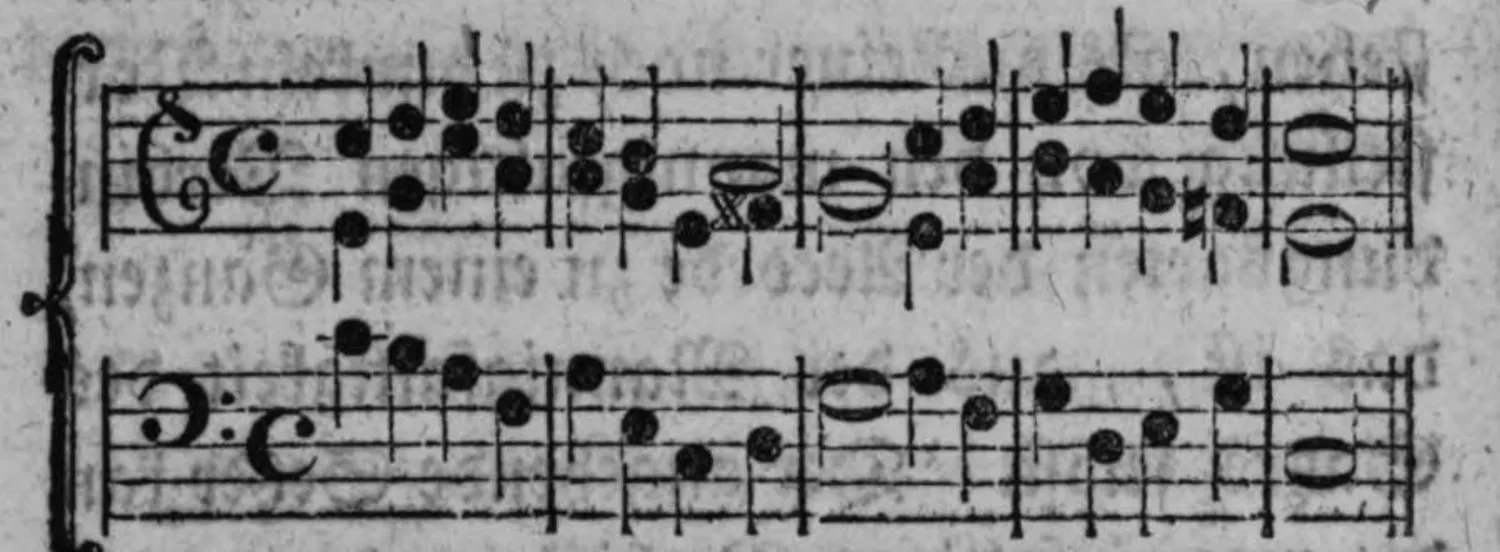 Notenbeyspiel: zweistimmiger Satz (Diskant- und Baßschlüssel auf c), Choralmelodie mit Begleitstimme, mehrere Takte