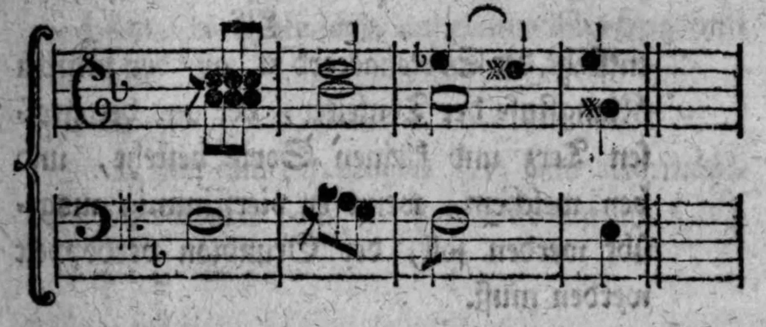 Notenbeyspiel: zwey Notensysteme (Sopran- und Baßschlüssel), enharmonisch korrekte Neuschreibung von fig. 2