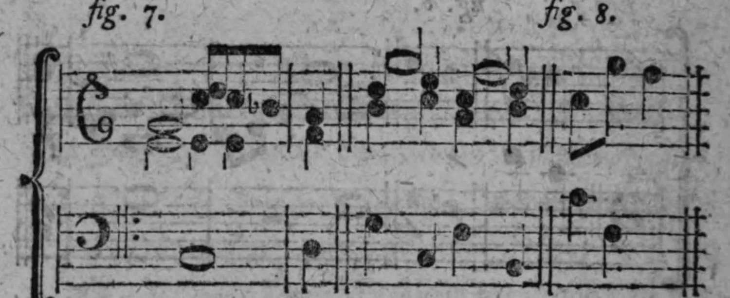 Notenbeyspiel: zweiteiliges zweistimmiges Notenbeyspiel im Violin- und Baßschlüssel