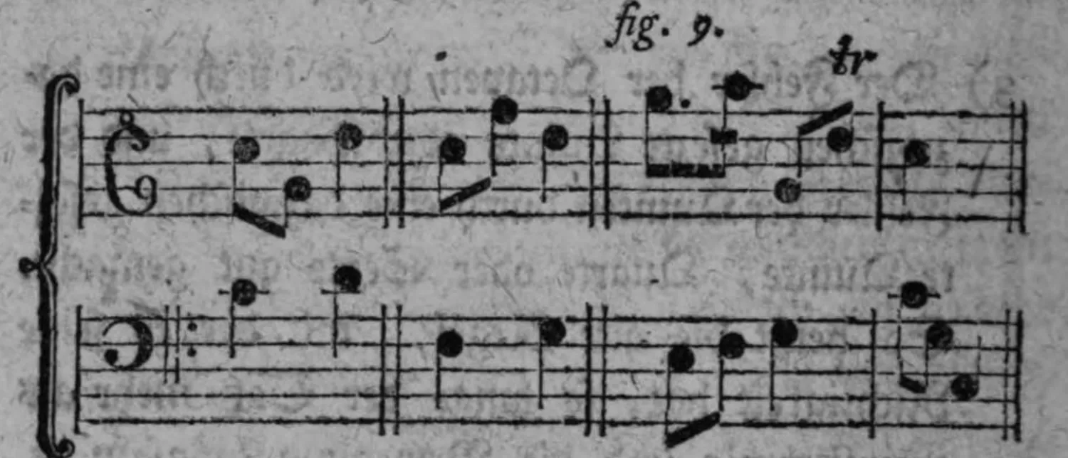 Notenbeyspiel: zweistimmiges Notenbeyspiel im Violin- und Baßschlüssel mit Trillerzeichen