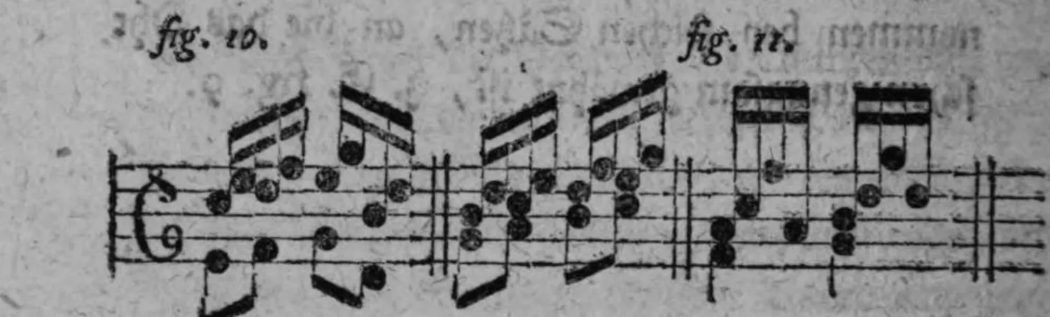 Notenbeyspiel: zweiteiliges einstimmiges Notenbeyspiel im Violinschlüssel, gebrochene Accorde illustrierend