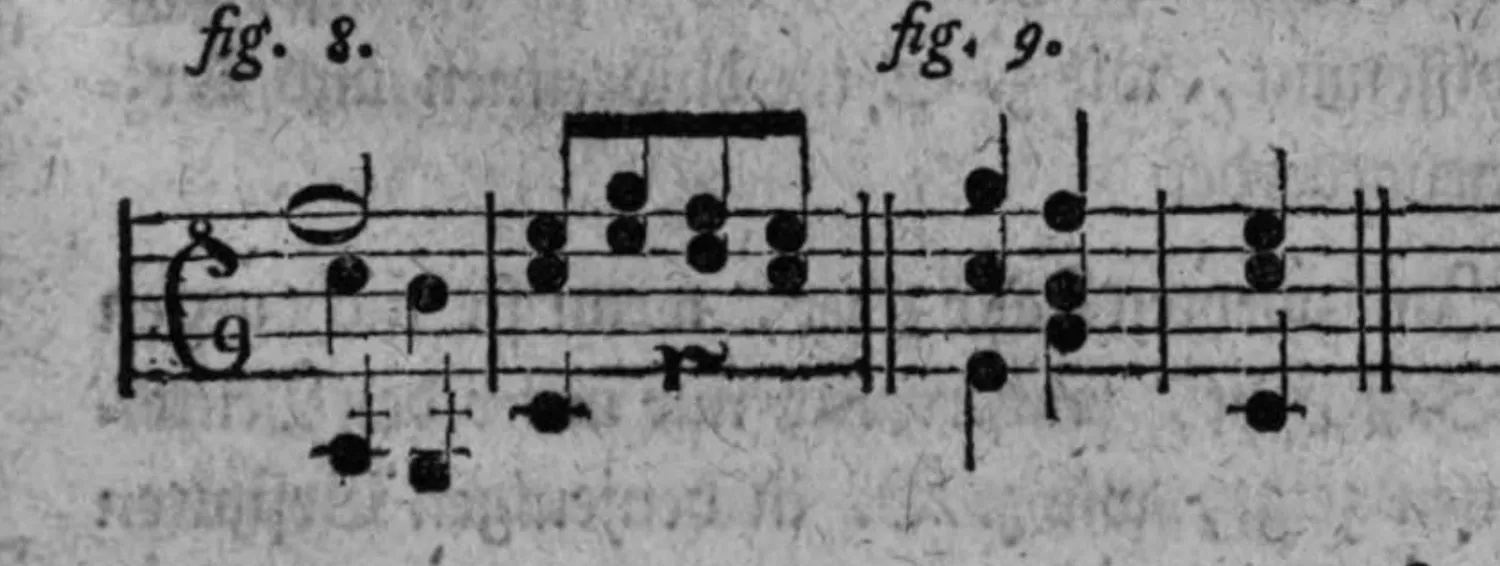 Notenbeyspiel: zweiteiliges Notenbeyspiel im Baßschlüssel, Dissonanzanschlag im schlechten Tacttheil illustrierend