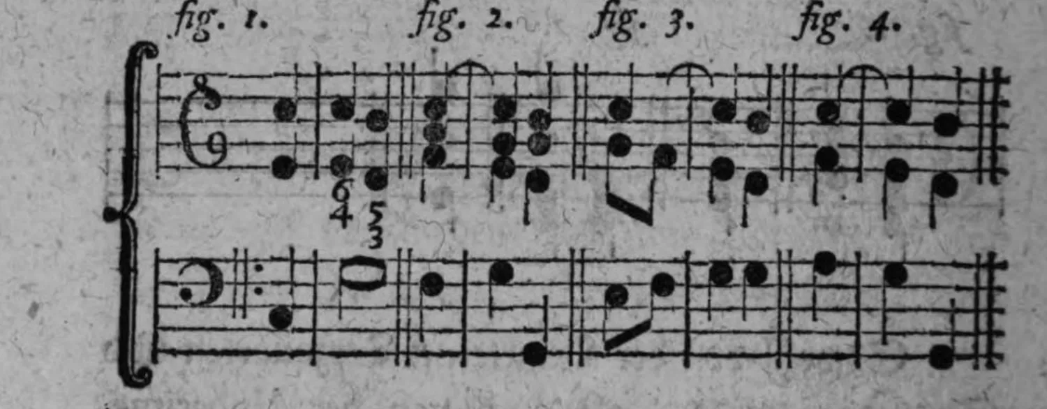 Notenbeyspiel: vierteiliges zweistimmiges Notenbeyspiel im Violin- und Baßschlüssel mit Ziffern (3/4/6), Vorbereitung der Quarte durch Octave/Quinte/Sexte/Terz illustrierend