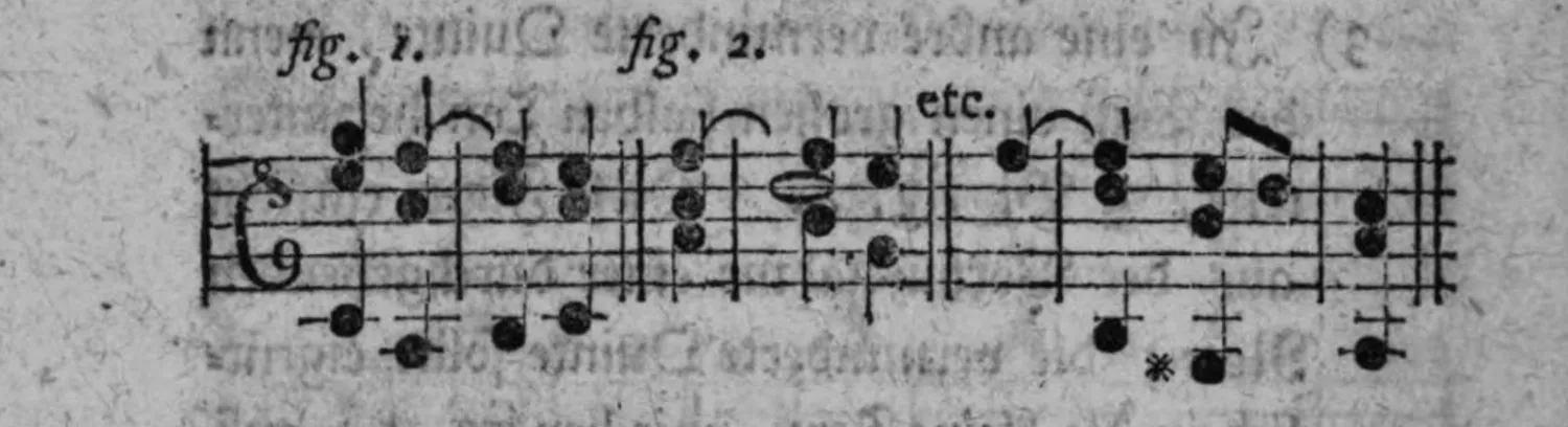 Notenbeyspiel: zweiteiliges Notenbeyspiel im Violin- und Baßschlüssel, mit einem Achtelvorschlag und »etc.«