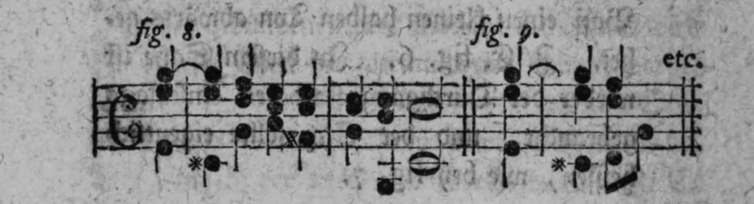 Notenbeyspiel: zweiteiliges Notenbeyspiel im Violin- und Baßschlüssel, mit »etc.«
