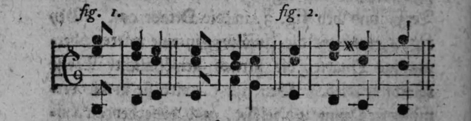 Notenbeyspiel: zweiteiliges Notenbeyspiel im Violin- und Baßschlüssel