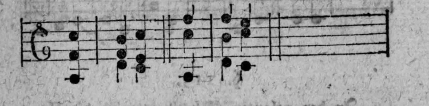 Notenbeyspiel: einteiliges Notenbeyspiel im Violinschlüssel, dissonirende Oberstimmen (verminderte Quinte/übermäßige Quarte) über liegenbleibendem Baßton illustrierend