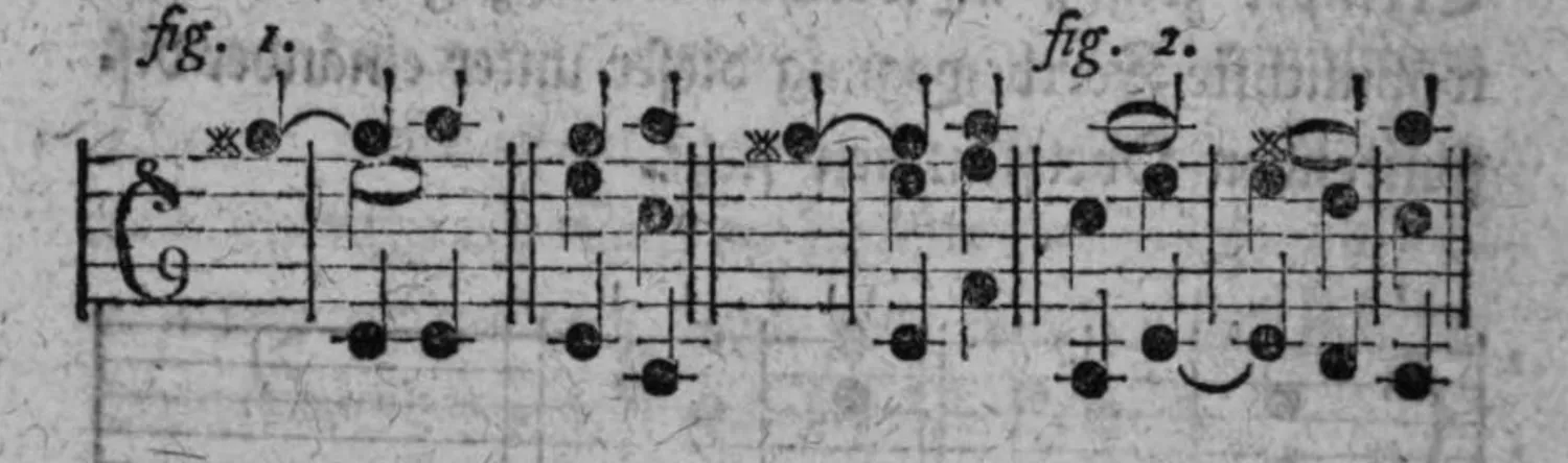Notenbeyspiel: zweiteiliges Notenbeyspiel im Violinschlüssel, Auflösung der übermäßigen Quinte nach oben bzw. abwärts illustrierend