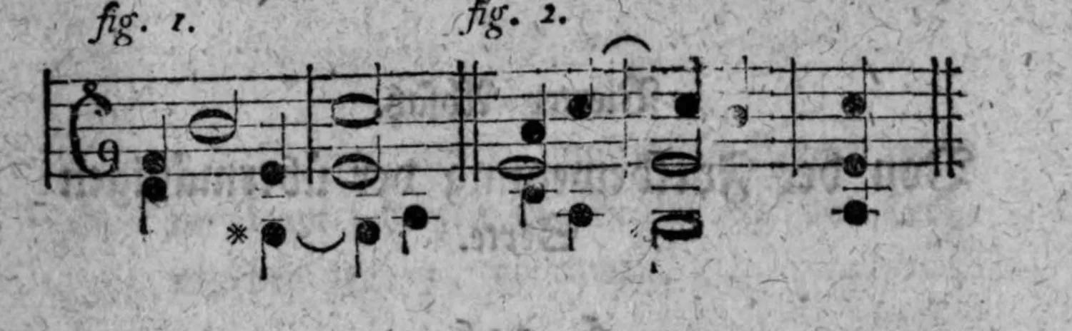 Notenbeyspiel: zweiteiliges Notenbeyspiel im Violin- und Baßschlüssel