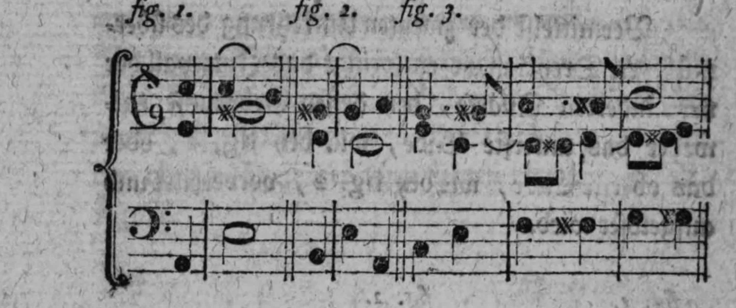 Notenbeyspiel: dreiteiliges Notenbeyspiel im Violin- und Baßschlüssel, Fortsetzung der Beyspiele aus §.115 zeigend