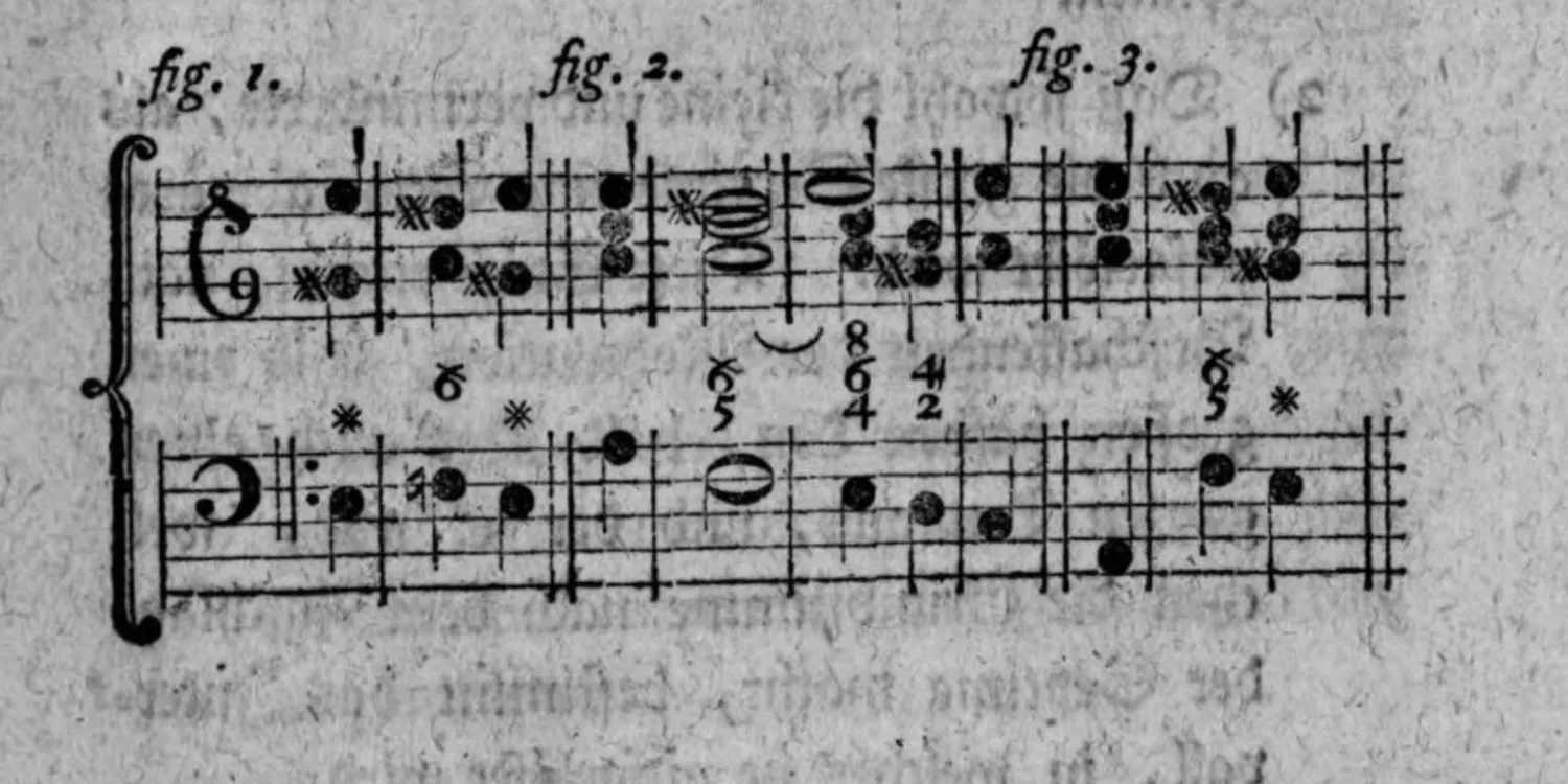 Notenbeyspiel: dreiteiliges Notenbeyspiel im Violin- und Baßschlüssel mit Ziffern (6̶, , 5/6̶, 4/6/8, 2/4, 5/6̶, ), übermäßige Sexte in Begleitung der Terz illustrierend