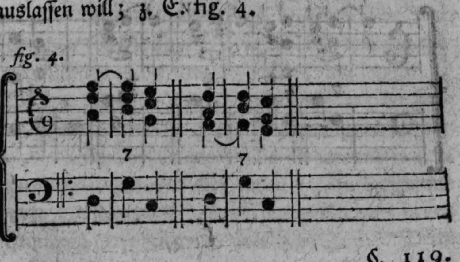 Notenbeyspiel: einteiliges Notenbeyspiel im Violin- und Baßschlüssel mit Ziffer 7 (zweifach), Auflösung der Septime bey nicht ausgelassener Quinte illustrierend