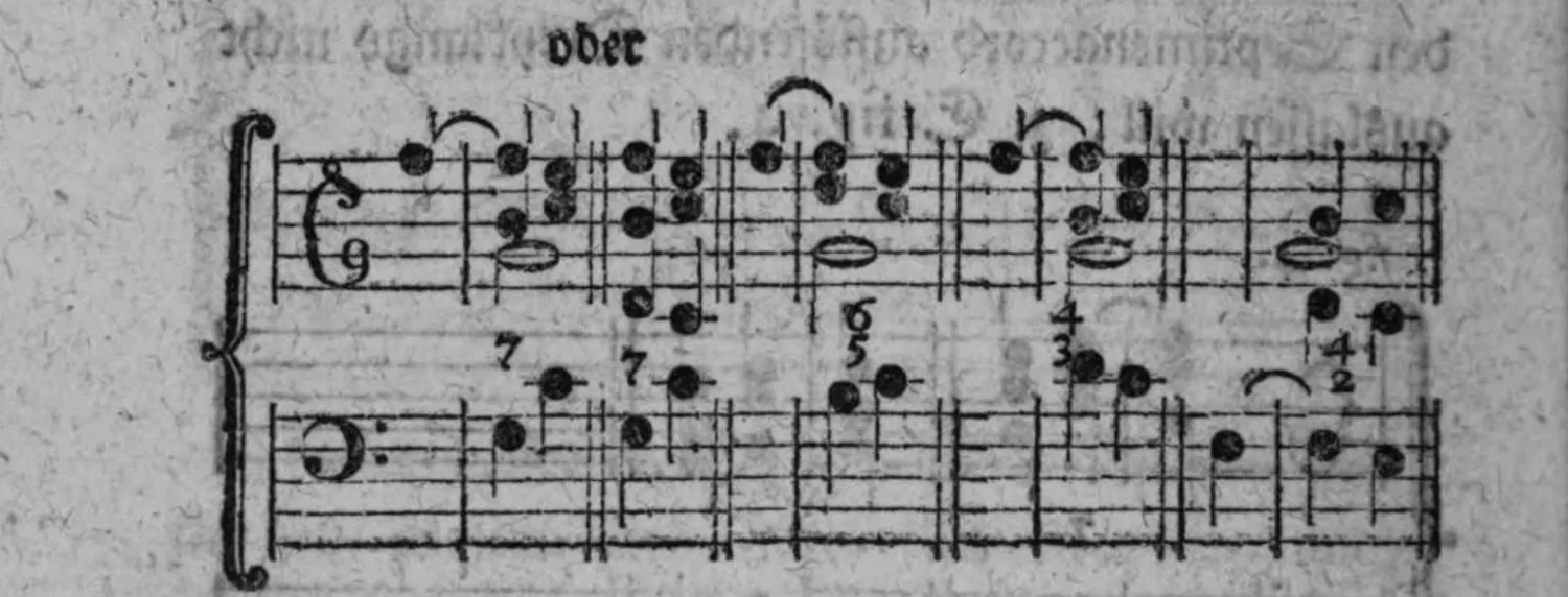 Notenbeyspiel: fünfteiliges Notenbeyspiel im Violin- und Baßschlüssel mit Ziffern (7, 7, 5/6̶, 3/4, 2/4), Fortbewegung der Umkehrungen des Septimenaccordes bey Auflösung der Septime in die Terz illustrierend