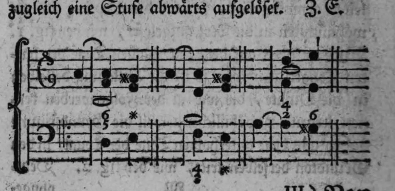 Notenbeyspiel: Notenbeyspiel im Violin- und Baßschlüssel mit Ziffern (5/6, , 2/4, 6, 3/4), Auflösung der Nebendissonanz nebst der Septime illustrierend