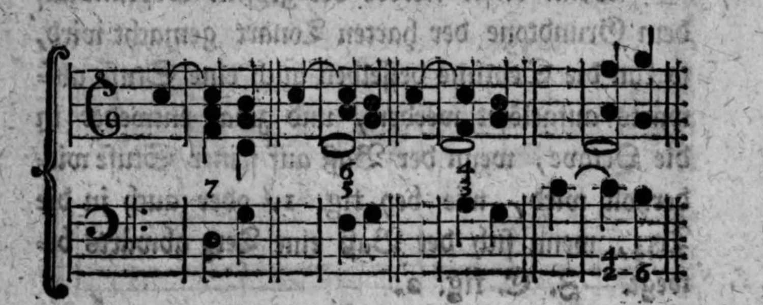 Notenbeyspiel: Notenbeyspiel im Violin- und Baßschlüssel mit Ziffern (7, 5/6, 3/4, 6), Auflösung des Septimenaccordes der kleinen Septime in Begleitung der kleinen Terz und reinen Quinte samt Umkehrungen illustrierend