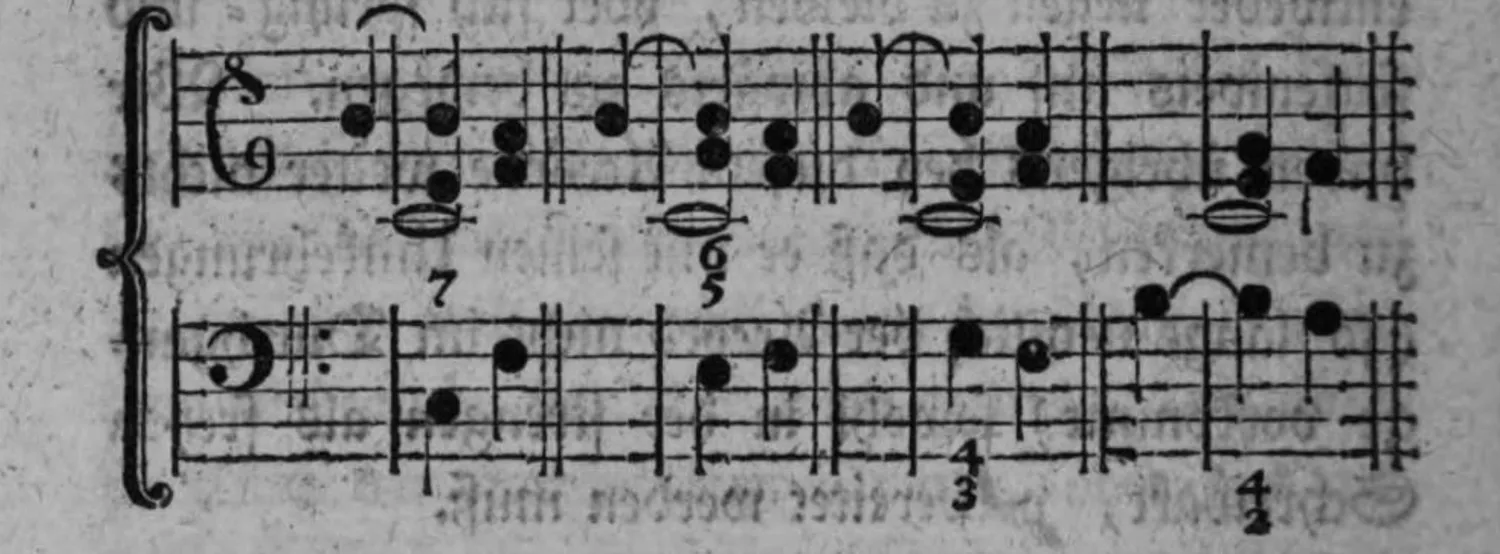 Notenbeyspiel: Notenbeyspiel im Violin- und Baßschlüssel mit Ziffern (7, 5/6, 3/4, 2/4), Auflösung der großen Septime in die Terz samt Umkehrungen illustrierend