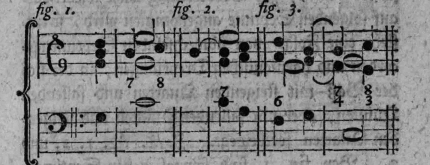 Notenbeyspiel: dreiteiliges Notenbeyspiel im Violin- und Baßschlüssel mit Ziffern (7, 8, 7, 6, 4/7, 3/8), Auflösung der großen Septime in die Octave bzw. in die Terz illustrierend